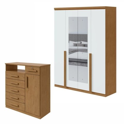 Kit 2 Peças com Guarda Roupa 4 Portas com Espelho e Cômoda com Nicho Alonzo e da Vinci Amêndoa Clean/Branco