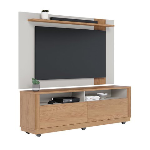 Conjunto Bancada Mariah + Painel Brusque para TVs até 70 Polegadas Off White Matte/ Freijó Mix - Bel