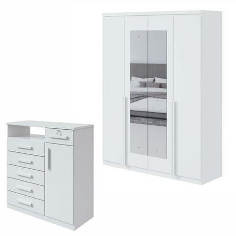 Kit 2 Peças com Guarda Roupa 4 Portas com Espelho e Cômoda com Nicho Alonzo e da Vinci Branco