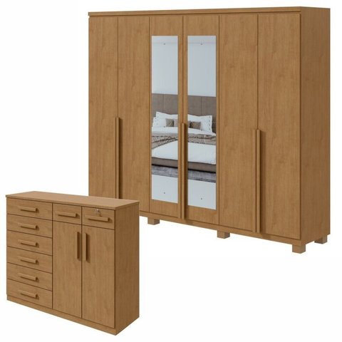 Conjunto de Guarda-Roupa Casal com Espelho e Pés e Cômoda Alonzo e Toronto Marrom Amêndoa Clean