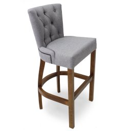 Banqueta Alta em Madeira Maciça 102cm Altura - Assento Estofado Capitonê - Linho Cinza - 1
