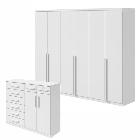 Conjunto de Guarda-Roupa Casal e Cômoda 6 Portas 12 Gavetas Alonzo e Toronto Branco