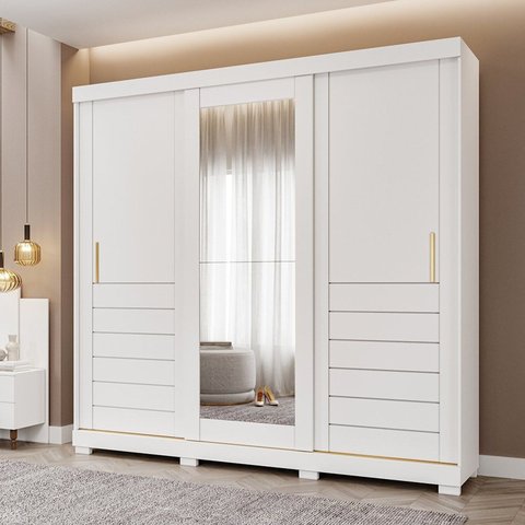 Guarda-Roupa Casal 235cm 3 Portas de Correr com Espelho e Pés 100% MDF Boston Espresso Móveis Branco
