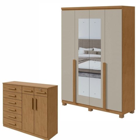 Conjunto Quarto Closet 4 Portas Espelho e Cômoda 8 Gavetas MDF Alonzo Toronto Amêndoa Clean/Off White
