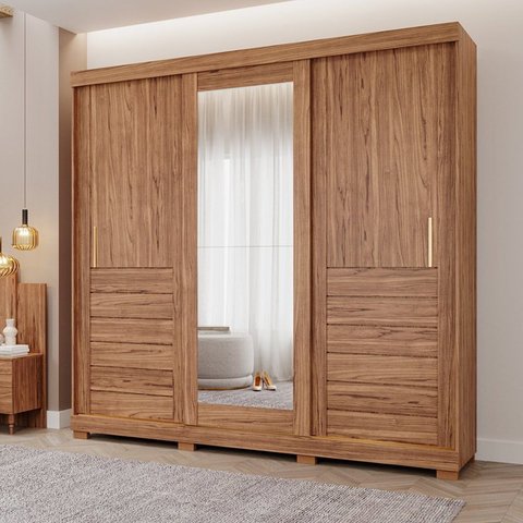 Guarda-Roupa Casal 235cm 3 Portas de Correr com Espelho e Pés 100% MDF Boston Espresso Móveis Marrom/Cinamomo
