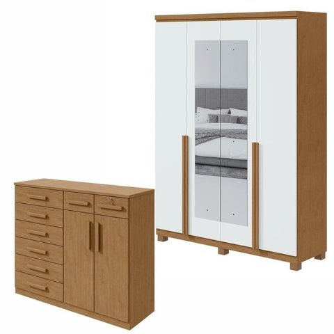 Conjunto Quarto Guarda-Roupa 4 Portas Espelho e Cômoda 8 Gavetas MDF Alonzo Marrom Amêndoa Clean/Branco