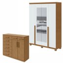 Ver imagem 1 de Conjunto Quarto Guarda-Roupa 4 Portas Espelho e Cômoda 8 Gavetas MDF Alonzo Marrom Amêndoa Clean/Branco