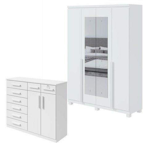 Kit 2 Peças com Guarda Roupa 4 Portas com Espelho Pés e Cômoda Alonzo e Toronto Branco