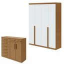 Ver imagem 1 de Conjunto de Guarda-Roupa Solteiro e Cômoda 4 Portas 8 Gavetas MDF Alonzo e Toronto Marrom Amêndoa Clean/Branco