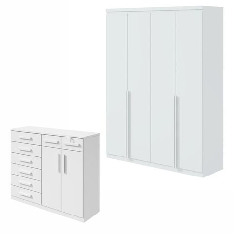 Conjunto de Guarda-Roupa Solteiro e Cômoda 2 Portas 8 Gavetas Toronto Branco