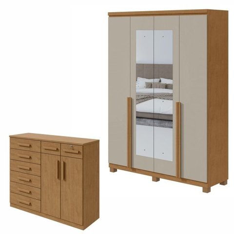 Conjunto Quarto Guarda-Roupa 4 Portas e Cômoda 8 Gavetas MDF Alonzo Toronto Amêndoa Clean/Off White