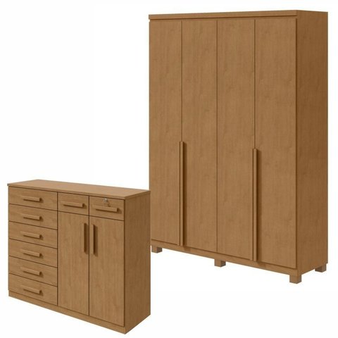 Conjunto Quarto Guarda-Roupa 4 Portas e Cômoda 8 Gavetas MDF Alonzo Toronto Marrom Amêndoa Clean