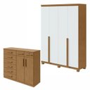 Ver imagem 1 de Conjunto de Guarda-Roupa Solteiro 4 Portas com Pés e Cômoda Toronto Alonzo Marrom Amêndoa Clean/Branco