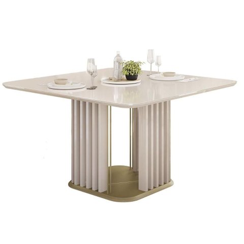 Mesa de Sala Jantar Melissa C/ Tampo Madeirado C/ Vidro Curvo 136x136cm Off White/off White - Dj Mó