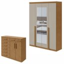 Ver imagem 1 de Kit 2 Peças com Guarda Roupa 4 Portas com Espelho e Cômoda Alonzo e Toronto Marrom Amêndoa Clean/Off White