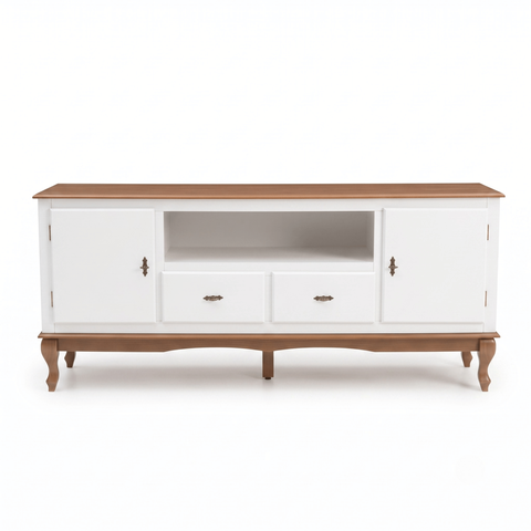 Rack 2 Portas 2 Gavetas Grande MDF Nicho Ecomem Clássico Pés Luiz Xv Branco - Imbuia
