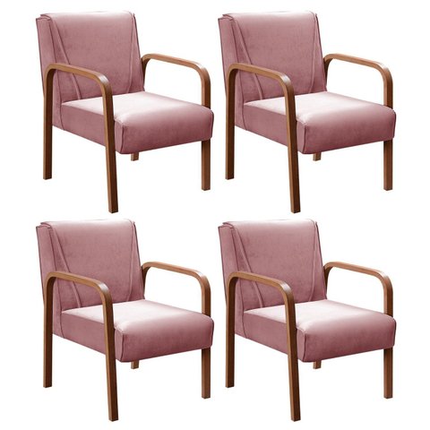 Kit 4 Poltronas Anita Conjunto Cadeiras Moderna Braço Madeira Rosa Rosê 390