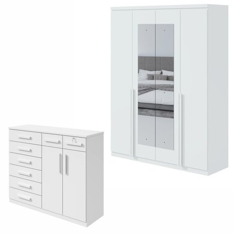 Kit 2 Peças com Guarda Roupa 4 Portas com Espelho e Cômoda Alonzo e Toronto Branco