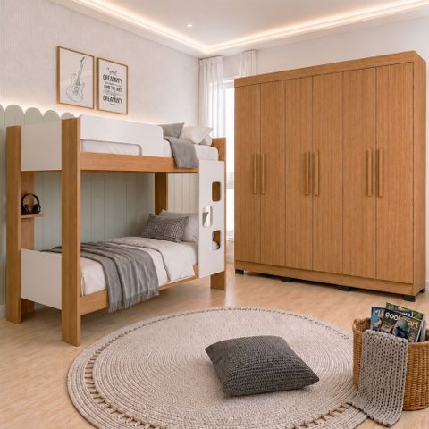 Quarto Infantil Juvenil com Beliche e Guarda-Roupa 6 Portas 4 Gavetas 100% MDF Branco/Amadeirado