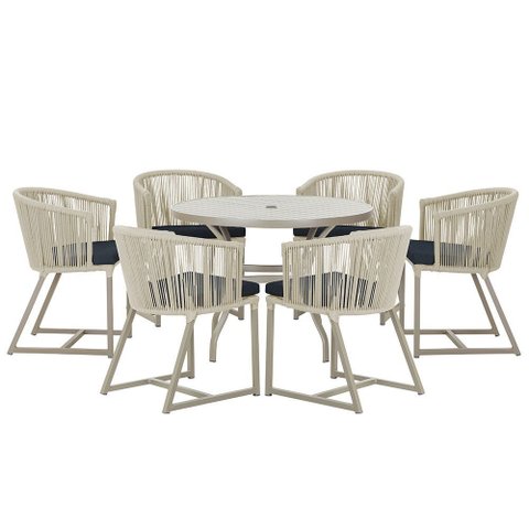 Mesa com 6 Cadeiras de Jantar Roma 120cm e Noronha em Alumínio Fendi Corda Náutica Estofado 12 Trama