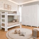 Ver imagem 1 de Quarto Infantil/Juvenil com Beliche 100% MDF Flórida e Guarda Roupa 6 Portas 4 Gavetas Flórida Branc