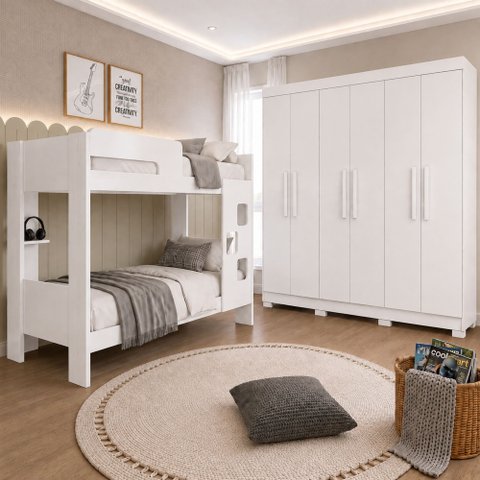 Quarto Infantil/Juvenil com Beliche Vegas e Guarda Roupa 6 Portas 4 Gavetas Flórida 100% MDF Branco