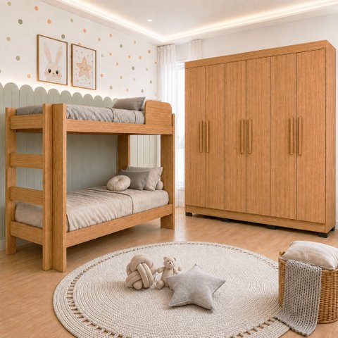 Quarto Infantil/Juvenil com Beliche Flórida e Guarda Roupa 6 Portas 4 Gavetas Flórida 100% MDF Marro