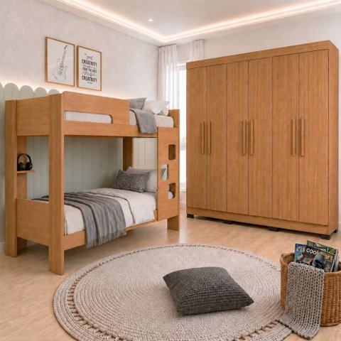 Quarto Infantil/Juvenil com Beliche Vegas e Guarda Roupa 6 Portas 4 Gavetas Flórida 100% MDF Marrom/