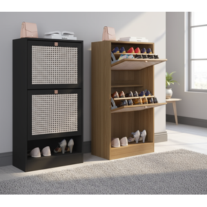 Kit 2 Sapateiras Tropical 2 Portas Multiuso Vertical -  1 Preto e 1 Carvalho =  Poquema