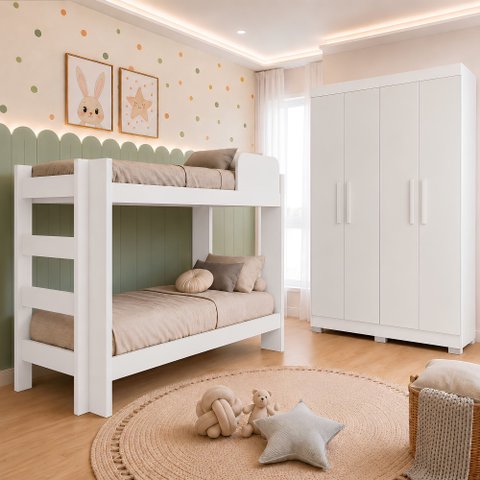 Quarto Infantil/Juvenil com Beliche Flórida e Guarda Roupa 4 Portas 3 Gavetas Flórida 100% MDF Branc