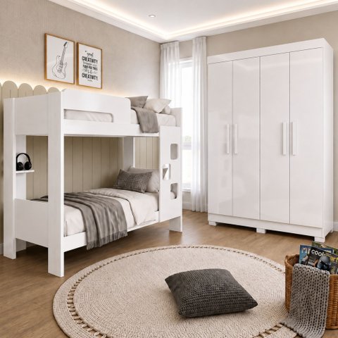Quarto Infantil/Juvenil com Beliche Vegas e Guarda Roupa 4 Portas 3 Gavetas Flórida 100% MDF Branco