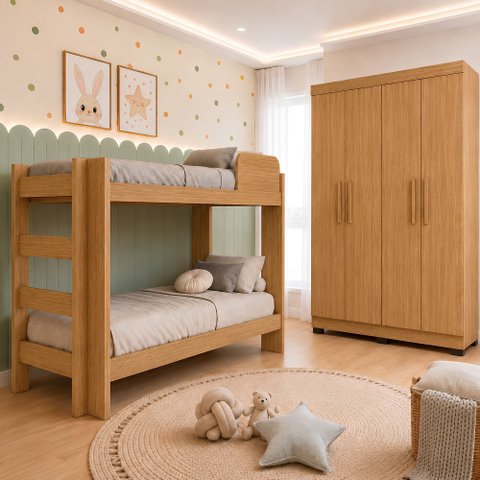 Quarto Infantil/Juvenil com Beliche Flórida e Guarda Roupa 4 Portas 3 Gavetas Flórida 100% MDF Marrom/Amadeirado