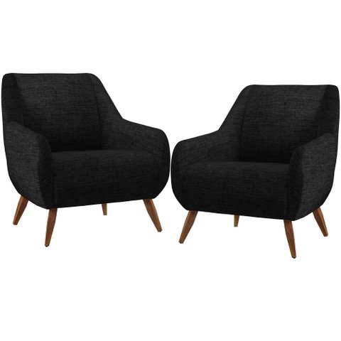 Kit 02 Poltronas Decorativa Fixa Pés de Madeira Paloma D02 Linho Chumbo C-465 - Lyam Decor