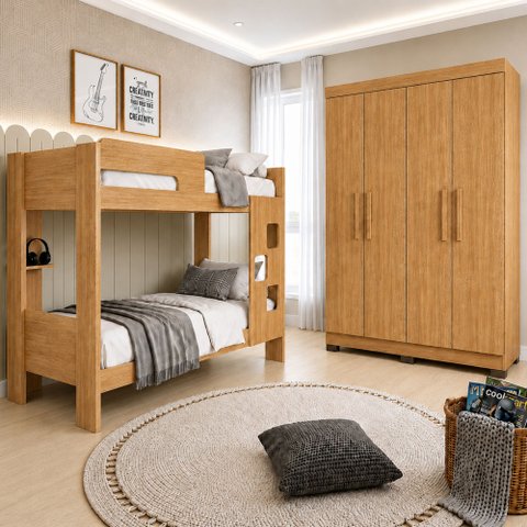 Quarto Infantil/Juvenil com Beliche Vegas e Guarda Roupa 4 Portas 3 Gavetas Flórida 100% MDF Marrom/