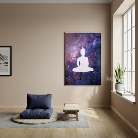 Quadro Decorativo Silhueta de Buda - Galáxia - 70x50cm:moldura Branca