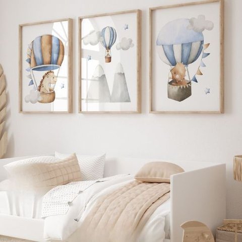 Kit 3 Quadros Decorativos Infantil - Dino e Baloes NO2 - 30x40 - Moldura Madeira