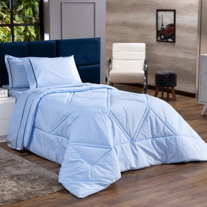 Kit Edredom Liso Milano Dupla Face Solteiro 02 Peças - Percal 200 Fios Dourados Enxovais Azul