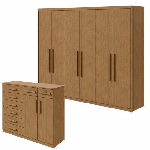 Kit 2 Peças com Guarda-Roupa 6 Portas e Cômoda 8 Gavetas Áries Marrom Amêndoa Clean