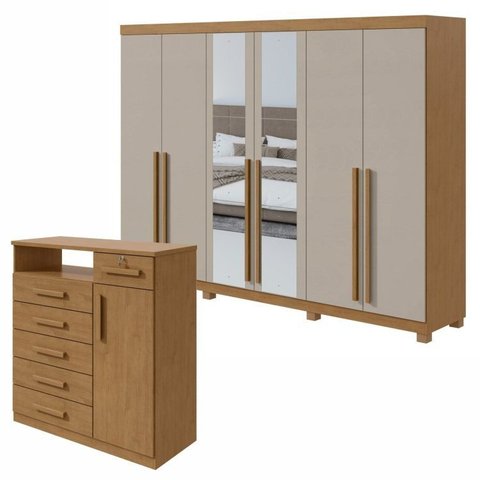 Conjunto de Guarda-Roupa Casal com Espelho e Pés e Cômoda Bertha e da Vinci Marrom Amêndoa Clean/Off White