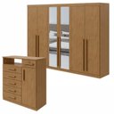 Ver imagem 1 de Kit 2 Peças com Guarda-Roupa 6 Portas com Espelho e Cômoda 6 Gavetas Bertha e da Vinci Amêndoa Clean