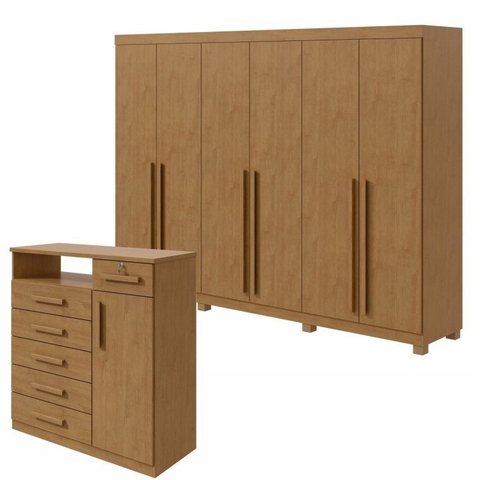 Kit 2 Peças com Guarda-Roupa 6 Portas com Pés e Cômoda 6 Gavetas Bertha e da Vinci Marrom Amêndoa Clean