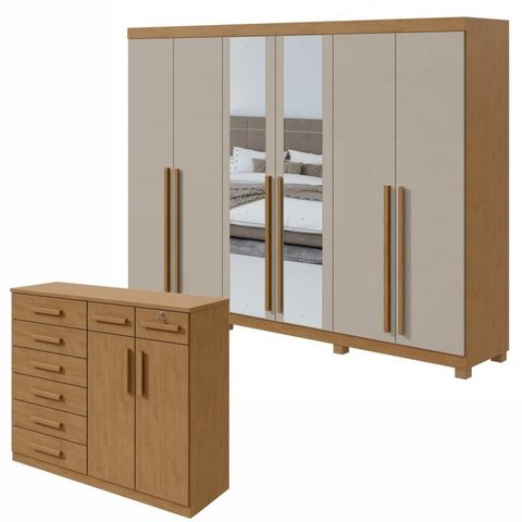 Conjunto de Guarda-Roupa Casal com Espelho e Pés e Cômoda Bertha e Toronto Marrom Amêndoa Clean/Off White