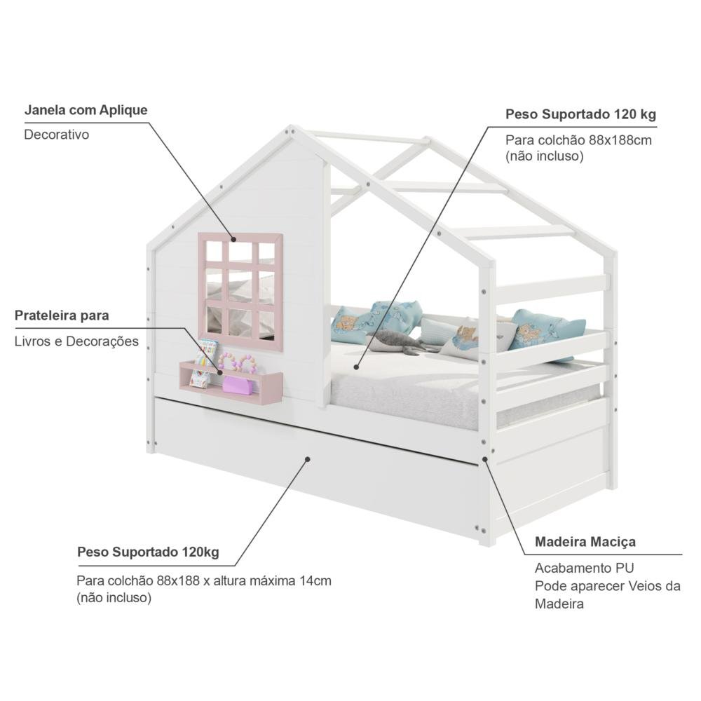Bicama Casinha com Janela Madeira Maciça Branco/ Rosa Housin - 3