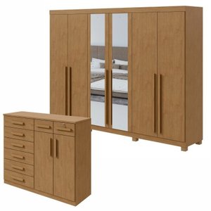 Conjunto de Guarda-roupa 6 Portas com Espelho e Pés Bertha com Cômoda Toronto