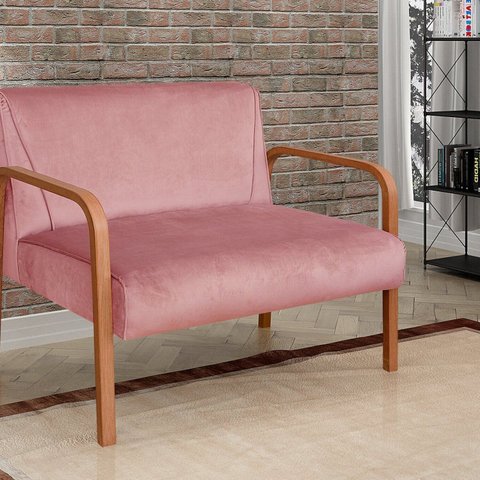 Namoradeira Anita Sofá 2 Lugares Moderna Braço Madeira Rosa Veludo Rosê 390