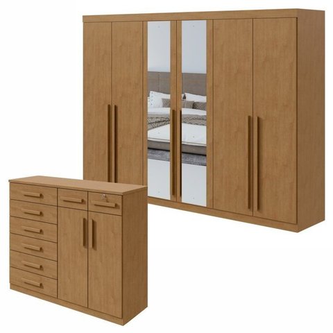 Kit 2 Peças com Guarda-Roupa 6 Portas com Espelho e Cômoda 8 Gavetas Bertha e Toronto Marrom Amêndoa Clean