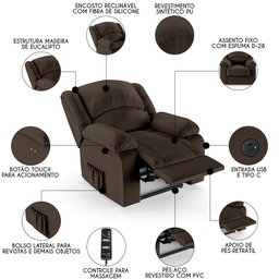 Poltrona do Papai Reclinável Pietra Power Touch Massagem Fh9 Pu Marrom - Mpozenato - 9