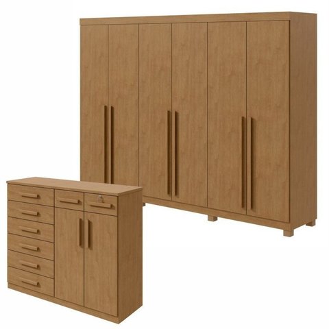 Kit 2 Peças com Guarda-Roupa 6 Portas com Pés e Cômoda 8 Gavetas Bertha e Toronto Marrom Amêndoa Clean