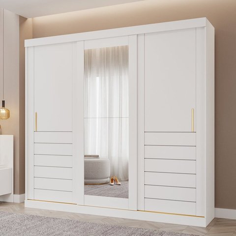 Guarda-Roupa Casal 235cm 3 Portas de Correr com Espelho 100% MDF Boston Espresso Móveis Branco