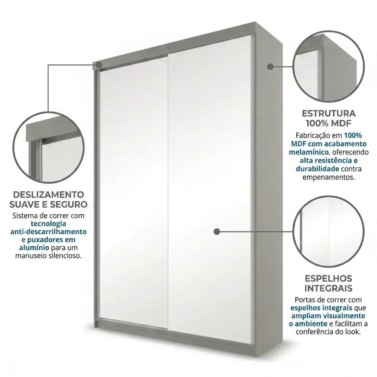 Ver imagem 6 de Guarda-Roupa Solteiro 2 Portas com Espelho 100% MDF Geneve Cinza/Urbi